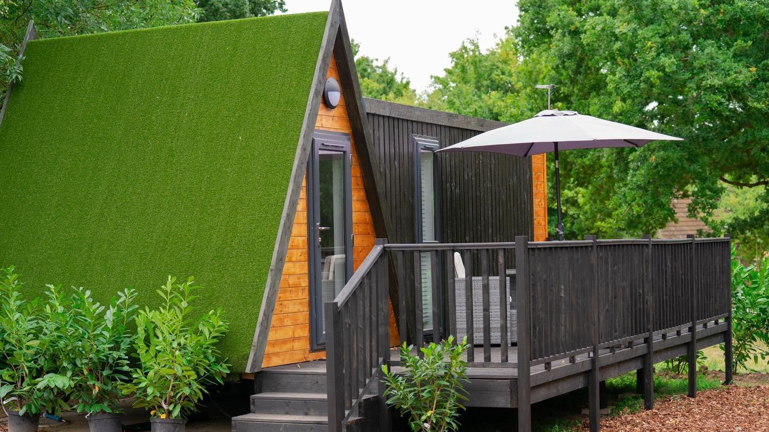 Glamping pod from outside at Lee Valley Campsite, Sewardstone, in Essex